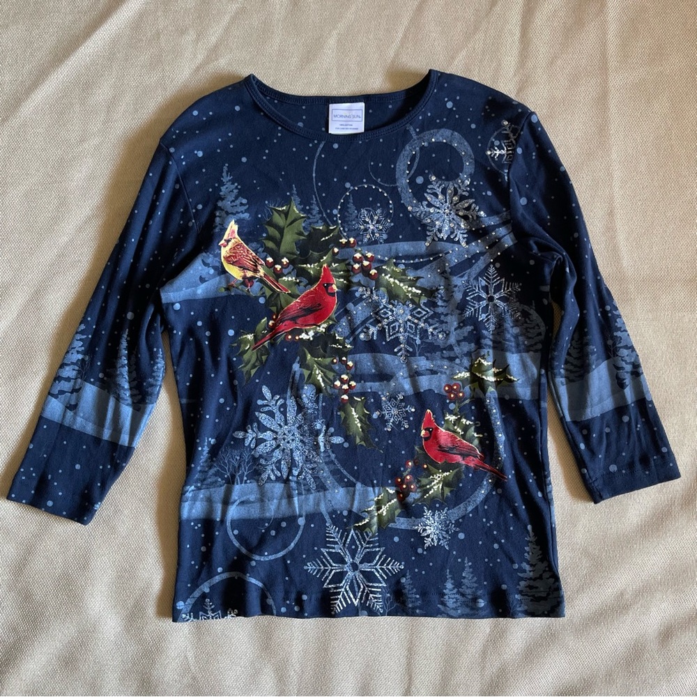 Morning Sun Christmas Cardinal Shirt Small Winter Holiday Snowflake Cotton Blue